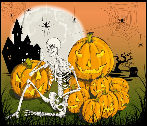 Skelett-Illustration mit Kürbissen zu Halloween — Stockfoto