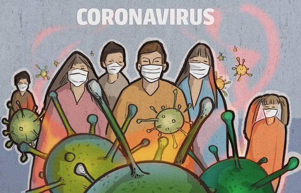 Bakterier Och Populationsillustration Med Skyddande Mask Rädsla För Coronavirus Influensa — Stockfoto