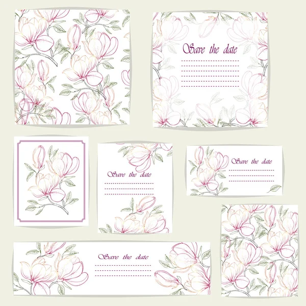 Definir Cartões Bonitos Padrão Sem Costura Com Flores Magnolia Elementos — Vetor de Stock