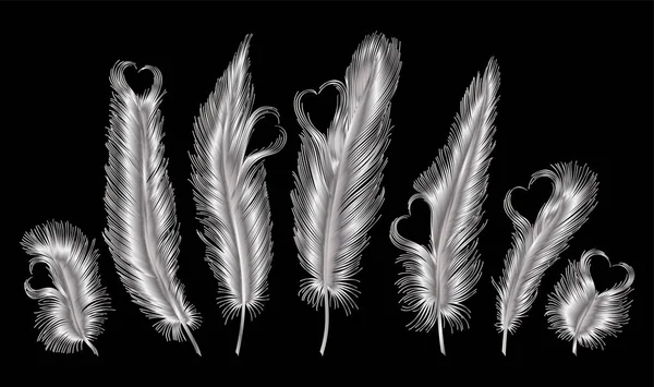 Ensemble Plumes Isolées Avec Des Coeurs Illustration Vectorielle Spe — Image vectorielle