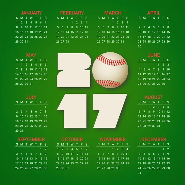 Calendar for 2017 Year with baseball ball on bright green background. Sport, games theme. Week starts from sunday. Modern Creative Vector Design Print Template. Holiday vector illustration.