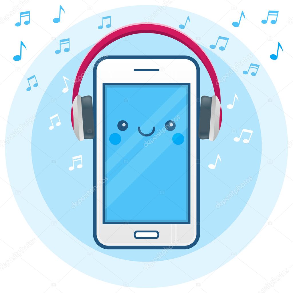 Cute happy smartphone icon with big pink headphones and musical ...