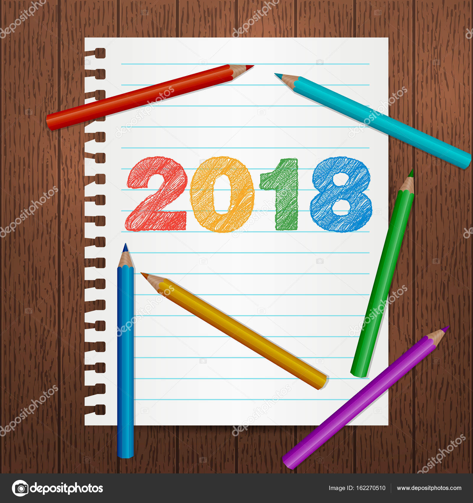 Aletta di filatoio moderno modello di manifesto con 2018 testo disegnato a mano Foglio di carta notebook Matite colorate colorato materiale scolastico