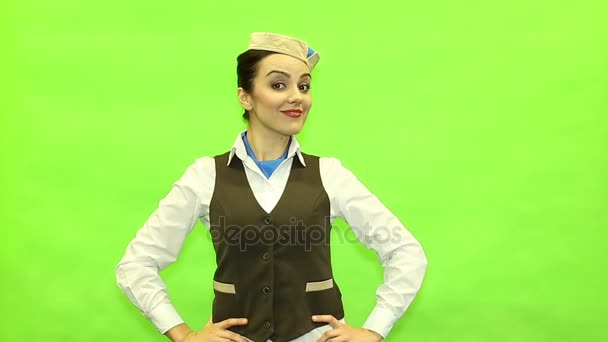 Aranyos Stewardess egy zöld háttér — Stock videók