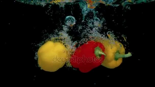 Three peppers in slow motion in the water HD — Stock Video