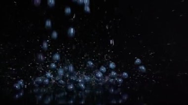 Ağır çekimde siyah arka plan üzerine düşen yaban mersini