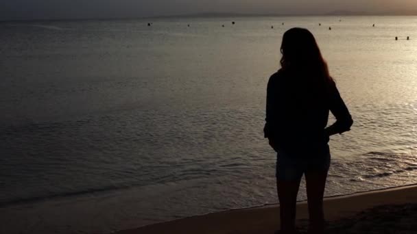 Mädchen bei Sonnenuntergang gegen das Meer und die Wellen — Stockvideo