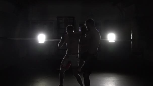 Спарринг двух бойцов ММА на ринге — стоковое видео