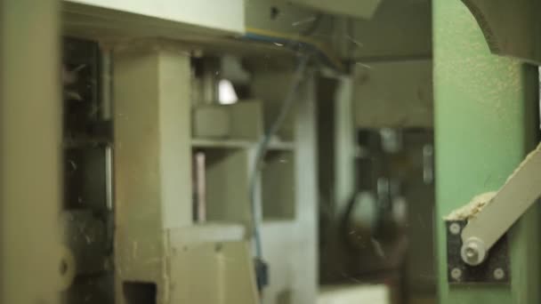 Летающие стружки на деревообрабатывающем конвейере — стоковое видео