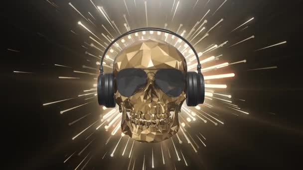 El cráneo de poli dorado bajo del DJ en el fondo del ecualizador — Vídeo de stock