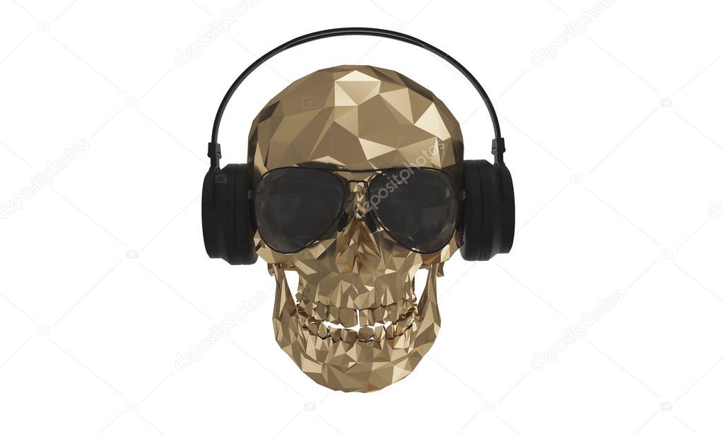 The golden low poly skull DJ with white background