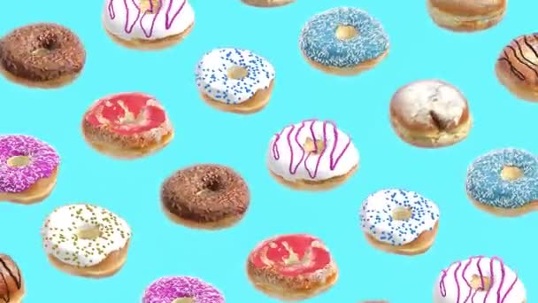 Donuts diferentes sobre un fondo azul — Vídeos de Stock