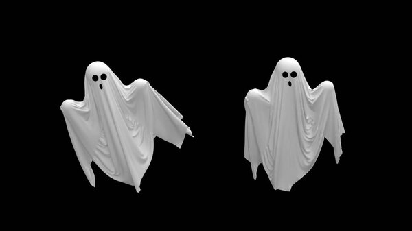 3d render Flying cartoon white Ghost on a black background