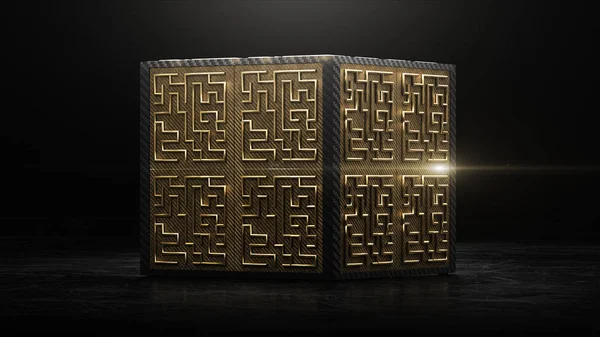 3d cubo de renderizado con oro y negro laberinto de animación en el interior — Foto de Stock