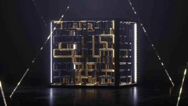 3d cubo de renderizado con oro y negro laberinto de animación en el interior — Foto de Stock