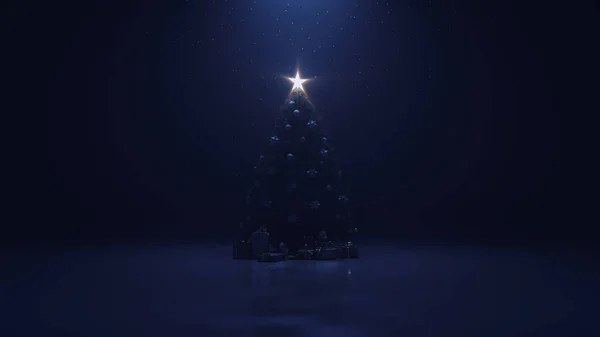 3d візуалізація новорічної ялинки з сяючою зіркою і гірляндою в темряві зі снігом, що падає — стокове фото