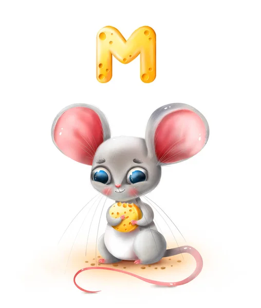 Cute myszy kreskówki posiada ser na białym tle — Zdjęcie stockowe
