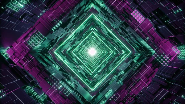 3D vykreslení Rhombus Futuristic Neon Tunnel v 4k — Stock fotografie