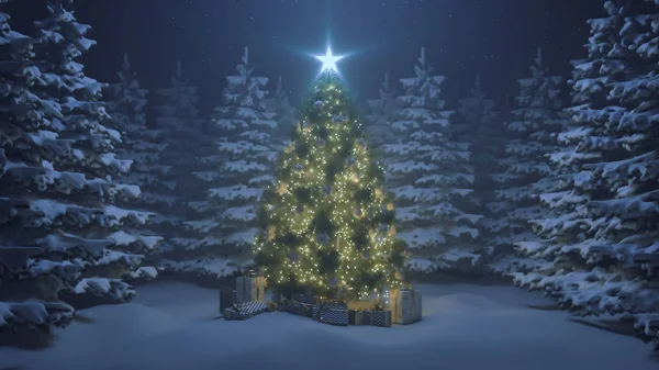 3d rendere l'albero di Natale con una stella splendente e una ghirlanda nella foresta con neve che cade — Foto Stock