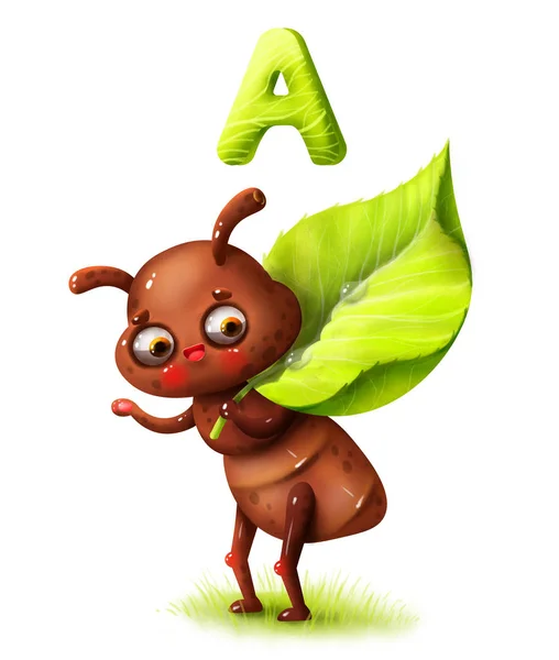 Desenho animado formiga bonito com folha e letra do alfabeto — Fotografia de Stock