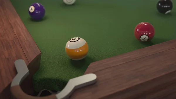 3d rendre la balle de billard frappe le trou — Photo