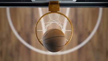 3d render Basketball ball flies into the basket top view