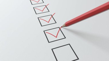 3d render checklist a red pencil will tick in black squares