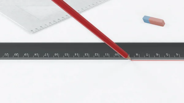 3d render Red pencil draws a line along the ruler — Stock Fotó