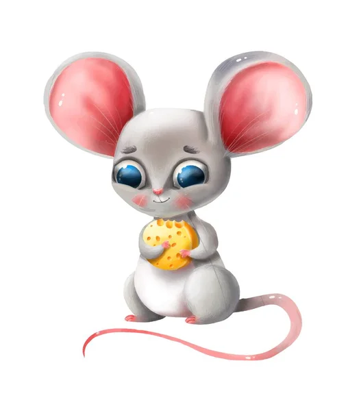 Cute myszy kreskówki posiada ser na białym tle — Wektor stockowy