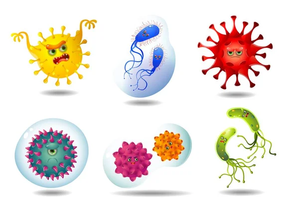 Six abstract cartoon viruses and bacteria ona a white background — Stockfoto