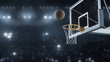 3D render basketbol topu flaşların arka planında yavaş çekimde potaya çarptı.