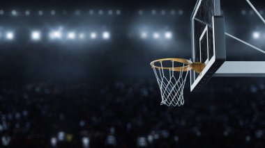 3D render basketbol topu kamera görüntülerinin arka planında potaya çarptı