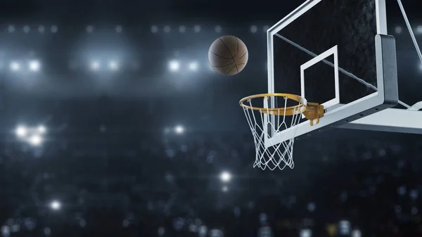 3D render Kosárlabda hit a kosár lassított felvételen a háttérben a villanások a kamerák — Stock Fotó