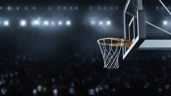 3D render basketbol topu kamera görüntülerinin arka planında potaya çarptı