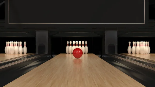 Red bowling ball on a wooden track with pins
