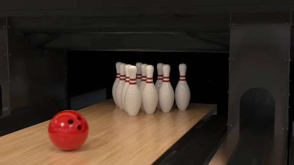 Palle da bowling rosse su una pista di legno con spilli — Foto Stock