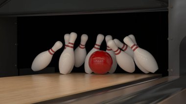 Tahta piste çivili kırmızı bowling topu.