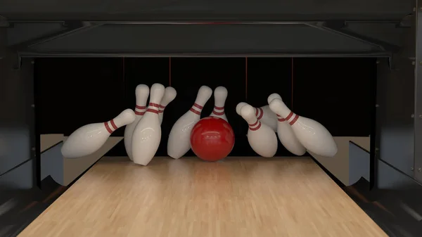 Bowling rosso colpire palla su una pista di legno con perni — Foto Stock