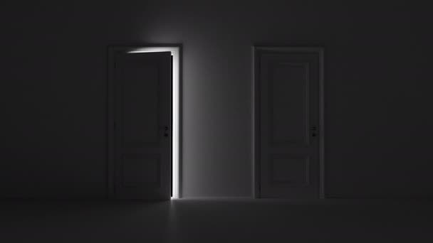 Открытая дверь в темной комнате с альфа-каналом — стоковое видео