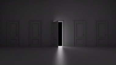 Alfa kanalı olan karanlık bir odada birkaç kapı arasında açık kapı var.