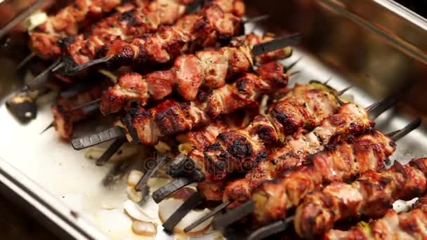 Barbecue grilling shish kebab with onions. — Stock Video