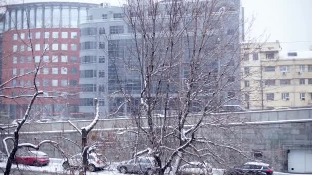 Blick auf die Stadt bei Schneefall. — Stockvideo