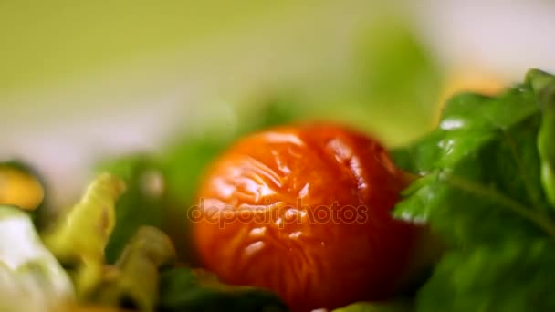 トマトは、サラダに手を置きます。マクロ. — ストック動画