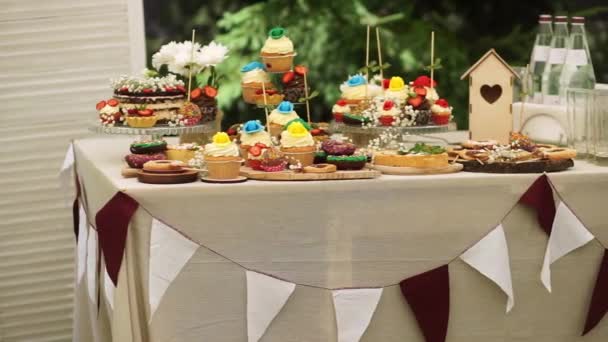 Candy Bar sur la table dans un magnifique parc . — Video