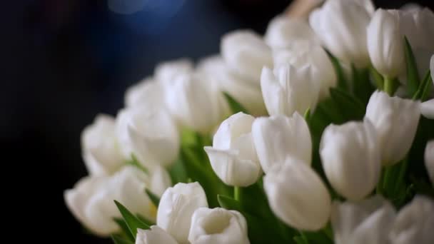 White tulips in a basket. In the background is a beautiful bokeh. — Stock Video