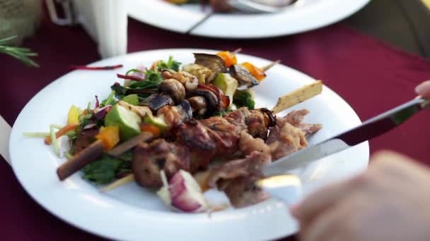 Cuchillo carne cortada en un plato . — Vídeo de stock