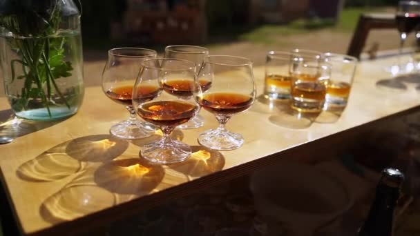 Many glasses of cognac on the table. Beautiful bokeh. — Stock Video