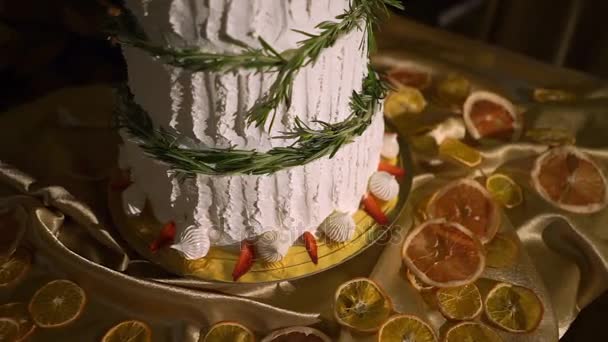 Beautiful wedding cake decorated with rosemary. — Stock Video