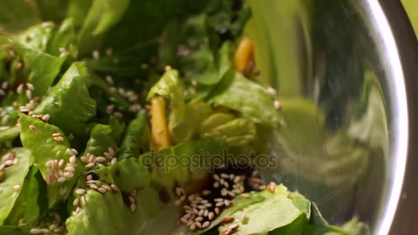 Salad leaves with sesame seeds. — Stock Video