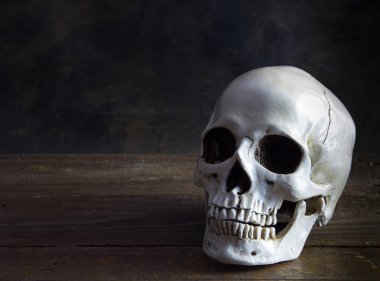 İnsan kafatası ahşap zemin üzerinde yarım ışık